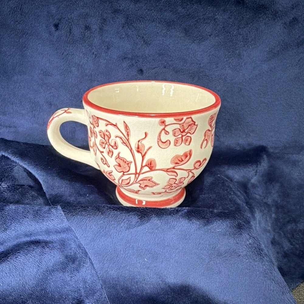 Sur La Table Red White Floral Handcrafted Stoneware Teacup Coffee Mug 12 oz